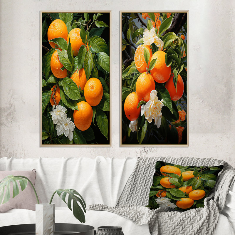 «Tangerine Tango Bouquet», 2 pièces sur toile, H 32 po x l 32 po, Encadrement brun