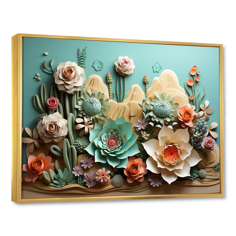 Cactus Mint Mirage - Cactus, reproduction d'art sur toile, Cadre flottant doré, H 24 po x l 32 po x P 1 po