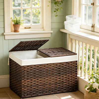 Large Wicker Storage Basket With Lid , Handwoven PP Rattan Hamper, For Laundry Room Living Room Nursery