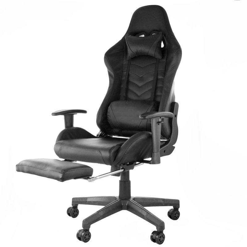 Inbox Zero Adjustable Reclining Ergonomic Faux Leather Swiveling PC & Racing Game Chair with Footrest, Black