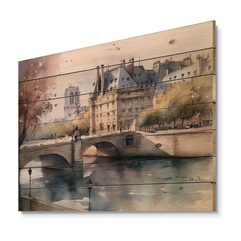 Aquarelle de Paris France IV sur bois, H 30 po x l 40 po x P 0,78 po