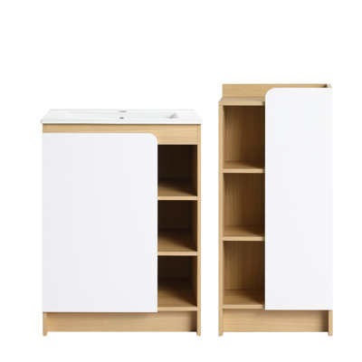 Ensemble de meuble-lavabo 24 po avec lavabo 24 po et armoire latérale basse 16 po, ensemble de meuble-lavabo en contreplaqué de chêne clair avec lavabo en céramique à bord mince, panneaux de porte interchangeables noir et blanc, rangement pour salle de bain moderne