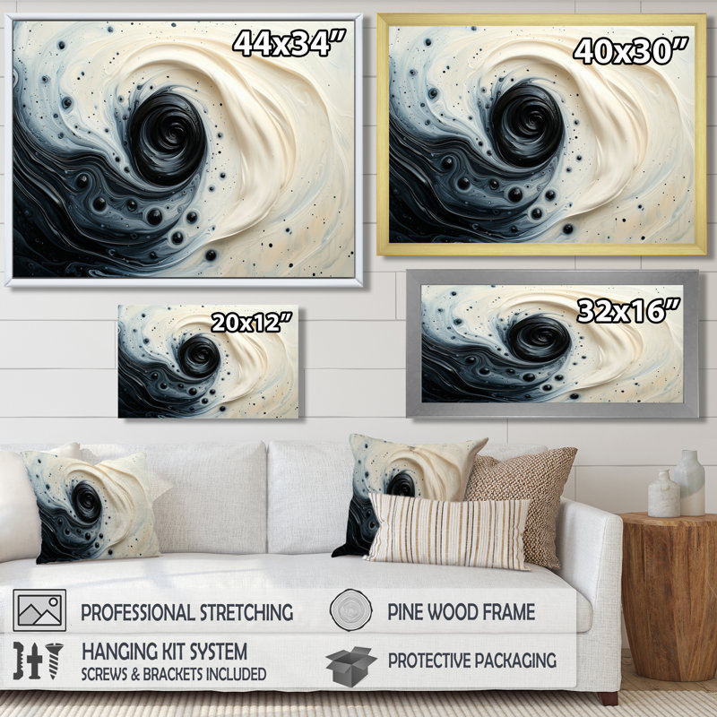 Corby noir et blanc «Sprial Rhythic Ink River III» - peinture murale, H 28 po x l 60 po, Impression encadrée flottante, Doré