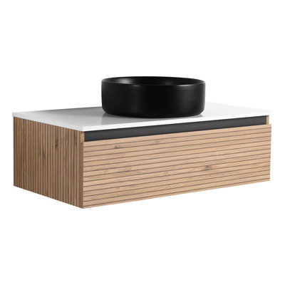 Meuble-lavabo de 36 po avec lavabo en céramique Art Black et 1 tiroir à fermeture en douceur, emballage Kd, contemporain pour charisme, couleur café, contreplaqué, extension de tiroir lisse aux 2/3 po, 45 poignées à bord incliné