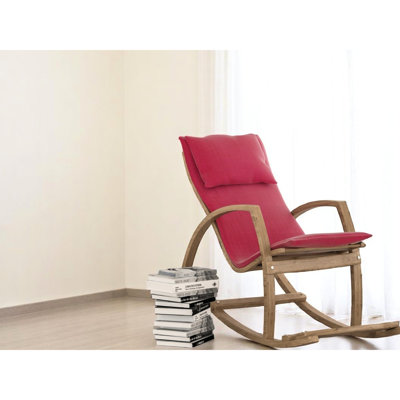 Red Upholstered Rocking Chair With Smooth And Warm Wood Tones For Relaxing In Bedrooms Ergonomic Design Moments