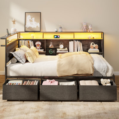 Corner Daybed Frame with Storage Bookcase & 3 Drawers, LED Lights and Built-in Charging Station
