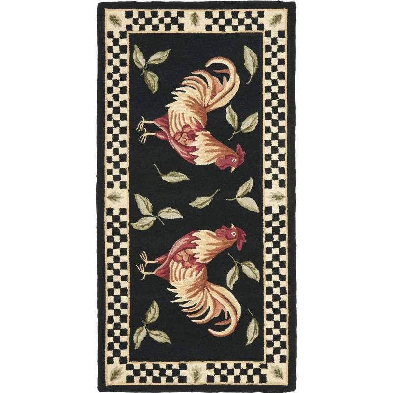 Handmade Black and Ivory Wool Rooster Accent Rug