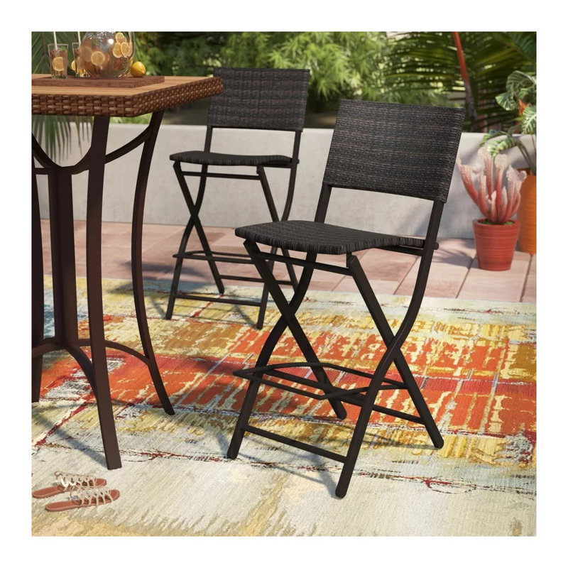 Ensemble de 2 tabourets de bar d'extérieur en osier pliable en rotin avec cadre en fer résistant aux intempéries, multicolore