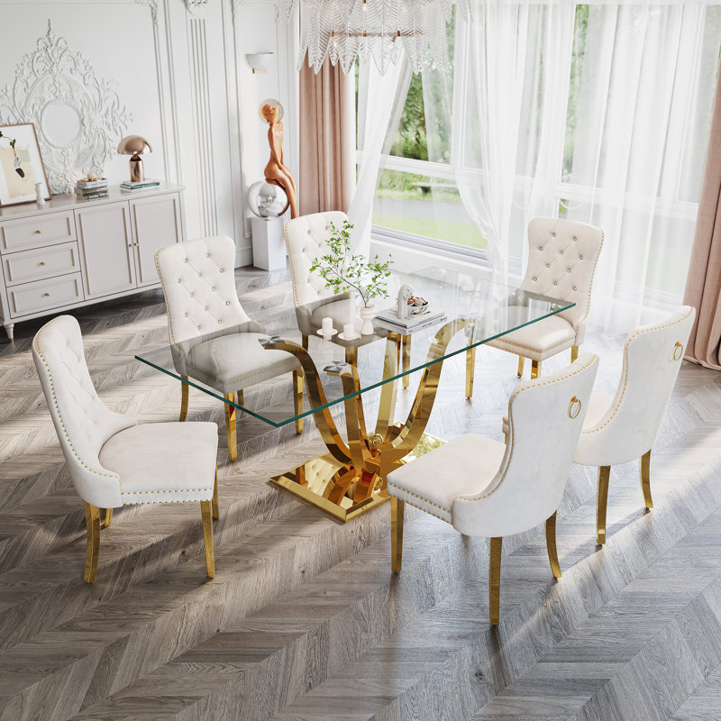 Glass Top Metal Base Dining Table With 6 Velvet Dining Chairs,7 - Piece Pedestal Dining Set, Gold, White