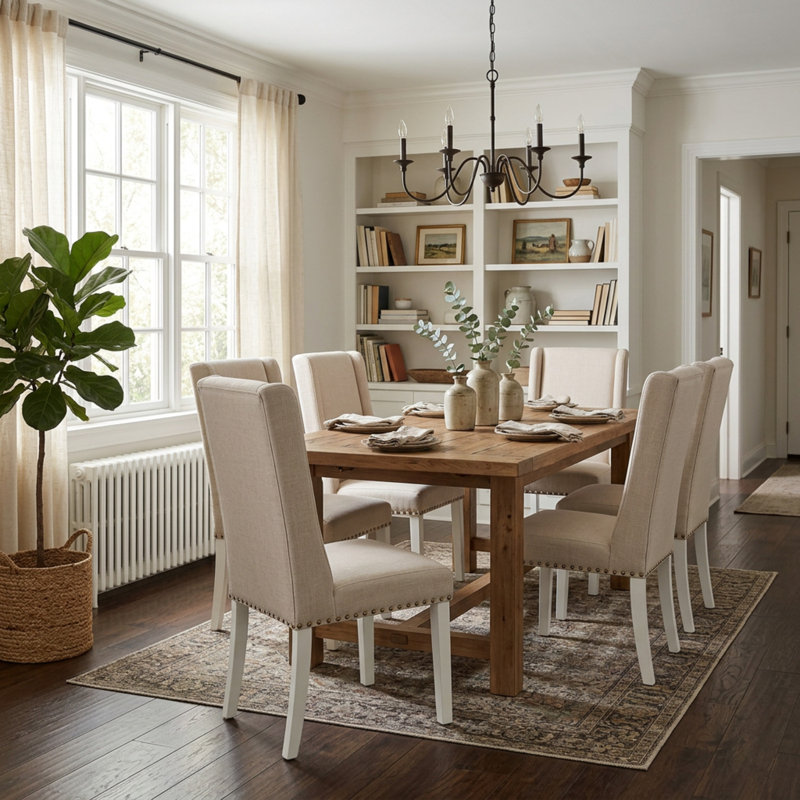 Ensemble de salle à manger rond 5 pièces en bois blanc asiatique avec 4 chaises de salle à manger Parson recouvertes de tissu lin crème