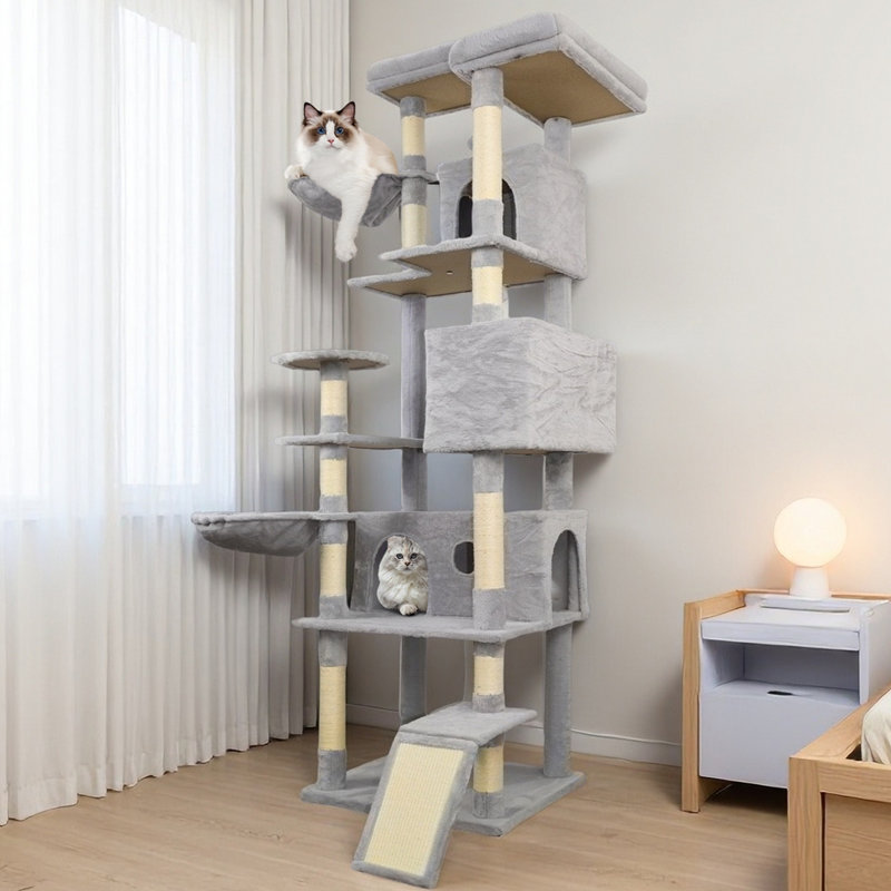 Tour pour arbre à chat 84,6 po gris clair avec base large, 3 grandes maisonnettes