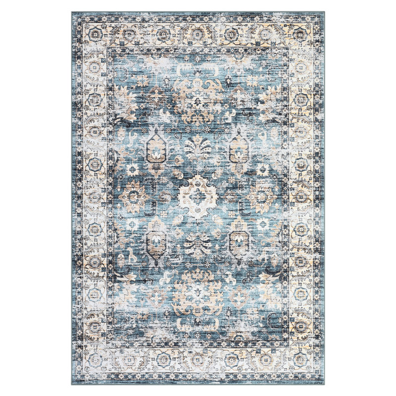 Bohemia Traditional Retro Floral Printed Distressed Rug Machine Washable Low Pile Soft Area Rug for Bedroom Non Slip Stain Resistant Erasable Durable Living Room Rug Hallway Rug Indoor Decor Floor Mat