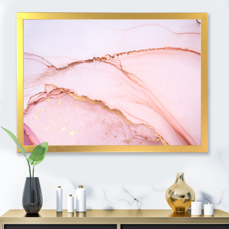 Reproduction d'art sur toile, or et rose marbré, H 16 po x l 32 po x P 1 po, Toile encadrée dorée