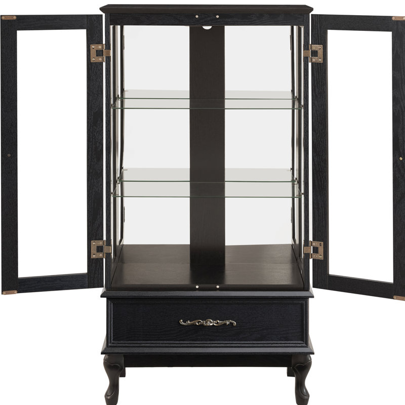 Vitrine d'exposition avec portes en verre éclairé, tablettes réglables, lumières à DEL, poignées rétro et tiroir caché