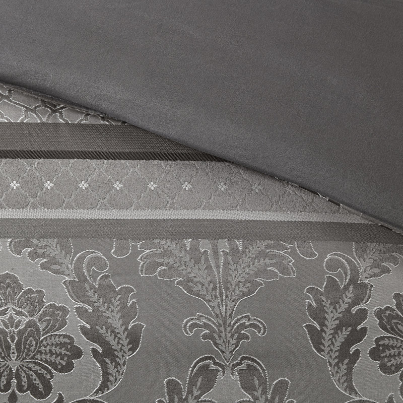 Édredon 7 pièces - avec détails, motifs de feuilles, Grand édredon et 6 pièces supplémentaires, Gris