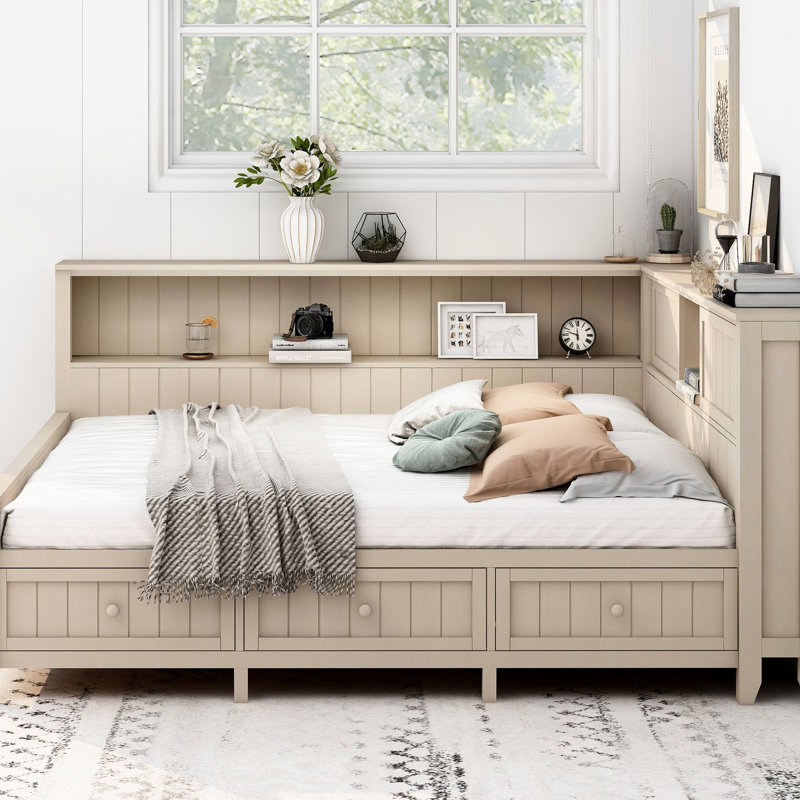 Lit de jour double avec rangement et 3 tiroirs, abat-jour blanc laiteux, fabrication en bois pour des options de stabilité