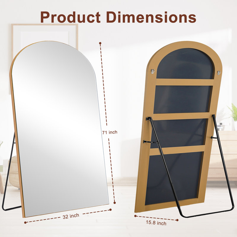 Miroir pleine grandeur surdimensionné et arqué en bois, Doré, 71 po x 32 po
