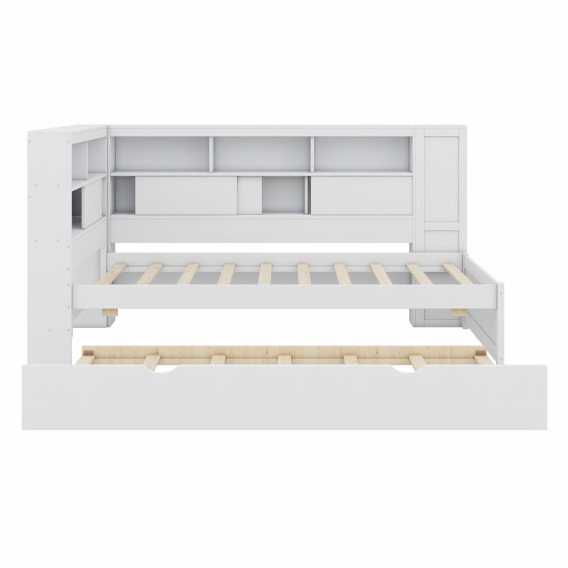 Wood Daybed With Storage Shelves, USB And Trundle, White