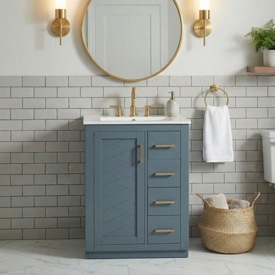 24" Bathroom Vanity With Integrated Sink, 1 Door Cabinet & 3 Storage Drawers, Soft-Close Hardware, Painted Finish, Blue