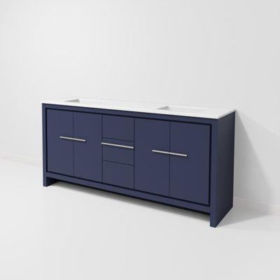 Meuble-lavabo double bleu marine l 72 po x P 20 po, avec comptoir en quartz blanc