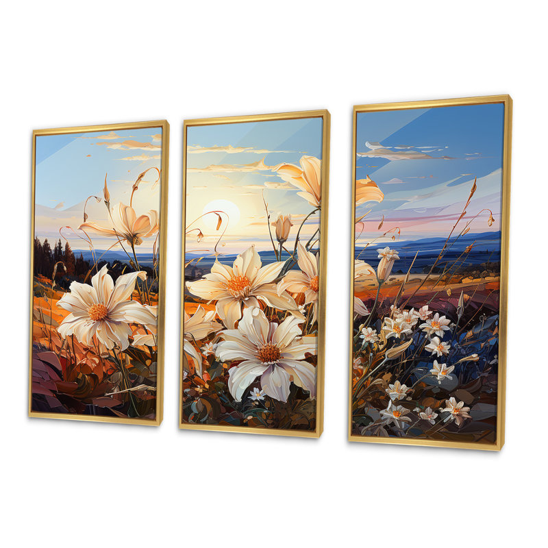 Ensemble de salon d'embellissement Beautys Lilies Field On Mountains I - Flowers, Cadre flottant doré