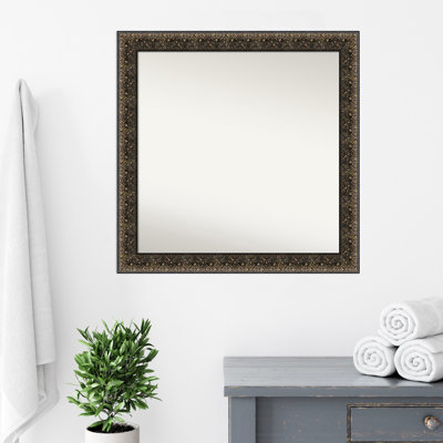 Intaglio Embossed Black Wood Bathroom Vanity Non-Beveled Wall Mirror