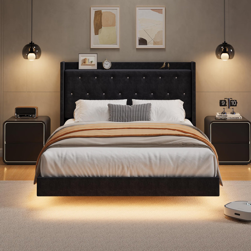 Cadre de lit double avec lumières DEL, cadre de lit flottant en bois moderne avec rangement, tête de lit tapissier en velours à oreilles, noir