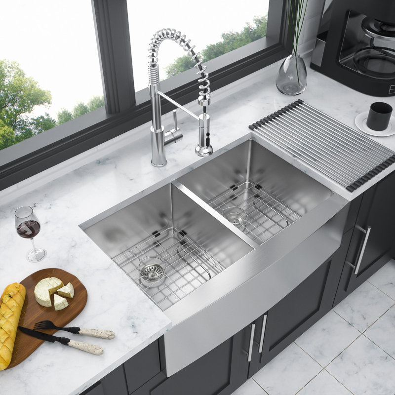 Double Bowl (50/50) Farmhouse Sink, Stainless Steel Apron Front Kitchen Sink 16 Gauge With Two Deep Basin