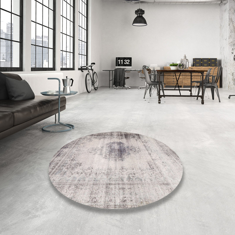 Laine tissée à la machine de style oriental/polyester beige/Tapis décoratif gris, Rond 4 pi