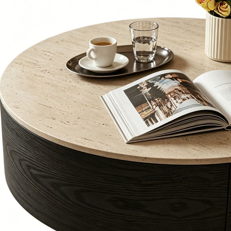 Table basse French French Premium, Beige/Gray/Black, 13" H x 31.49" W x 31.49" D