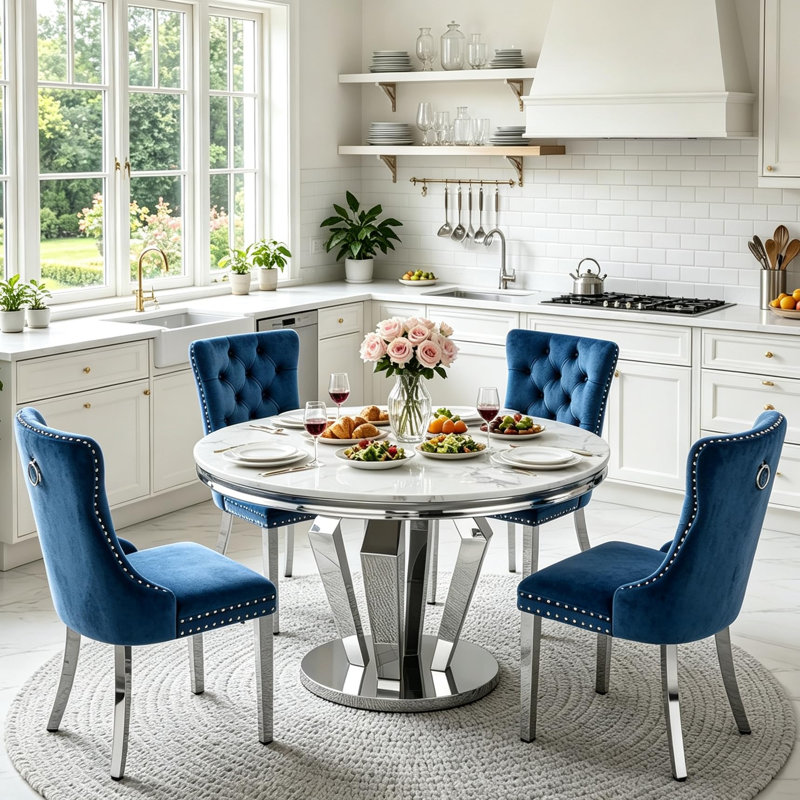 Ensemble de table de salle à manger 6 pièces Luxury, White Silver, 5, Bleu