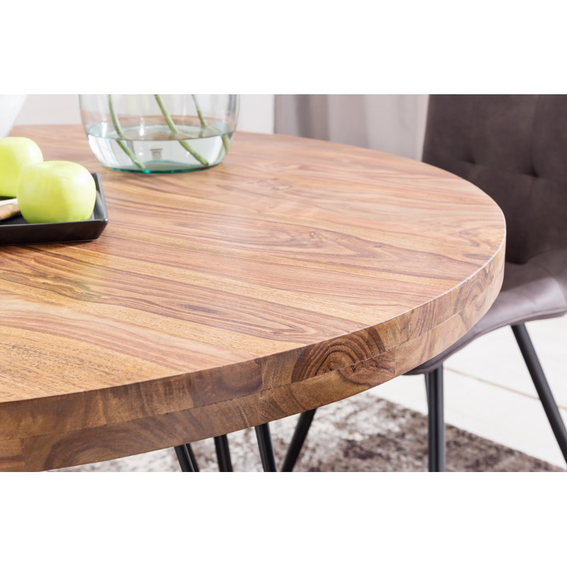 Moris Round Solid Wood Top Metal Base Dining Table