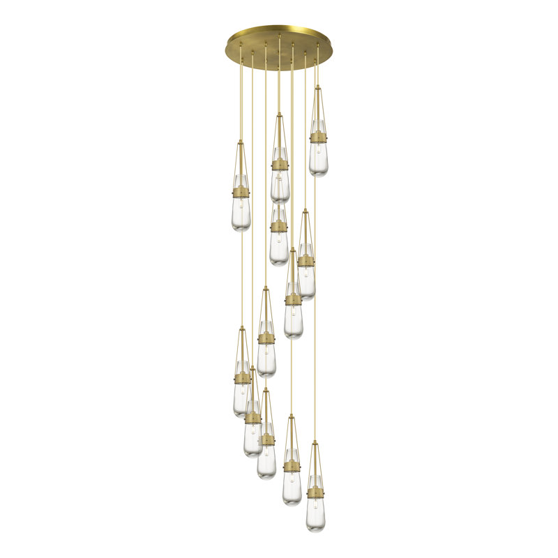 Luminaire suspendu en grappe à 12 lumières, Laiton brossé, Transparent