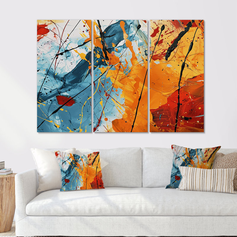 Splash Colorful Paint Retro Grunge - Abstract Wall Art Living Room Set, 32" H x 48" W x 1" D, Wrapped Canvas