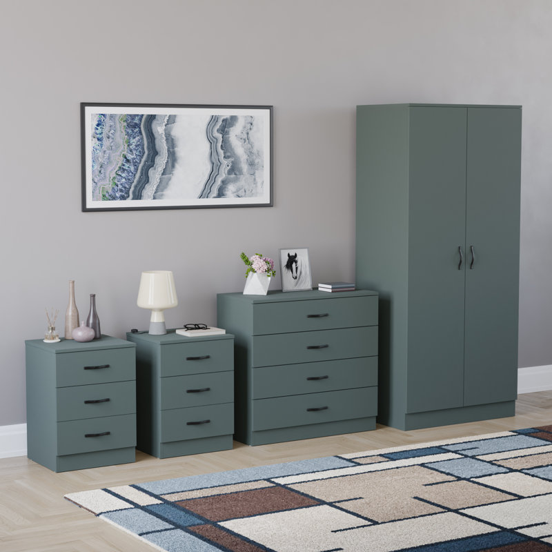 Tayce 4 Piece Bedroom Set (3 Drawer Bedside Cabinet X2, 4 Drawer Chest, 2 Door Wardrobe), Green