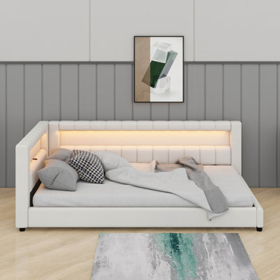 Cadre de lit d'angle avec ports USB, ceinture à DEL et espace de rangement, lit plateforme tapissier en lin avec support à lattes