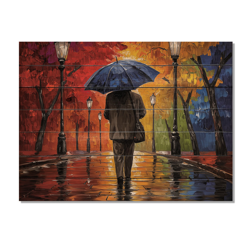 Homme marchant sous la pluie à Paris - Paysage, art mural en bois sur bois de pin naturel, H 24 po x l 32 po
