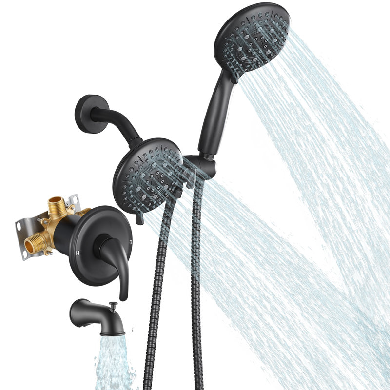 Pomme de douche double 2-en-5 à 5 fonctions avec robinet de douche et robinet de baignoire, Noir mat