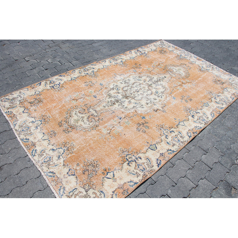 Tapis turc rétro Oushak - tapis orange discret, idéal pour les planchers de salon