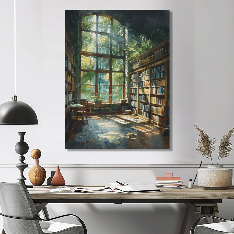 Bibliothèque verte et brune, Quiet Haven II - Art encadré avec bibliothèque, H 16 po x l 32 po, Toile tendue