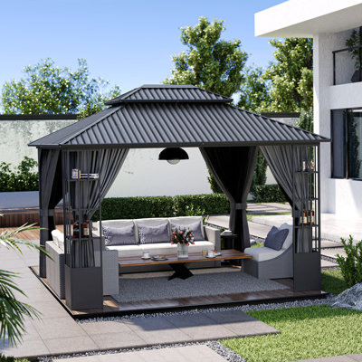 10 ft. x 12 ft. Double Roof Hardtop Patio Gazebo with Aluminum Frame and Curtains -  EGEIROS LIFE, EL-ZPPFST-1012-H-W8