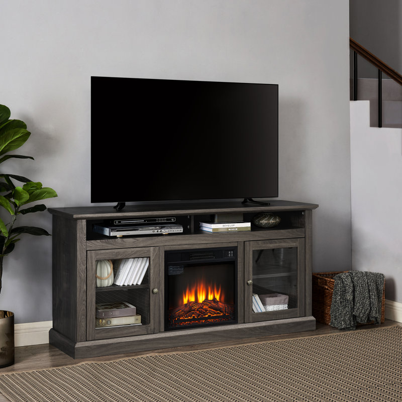 Meuble télé rétro, noyer foncé avec tablette réglable et armoire de cheminée 65 po pour téléviseur