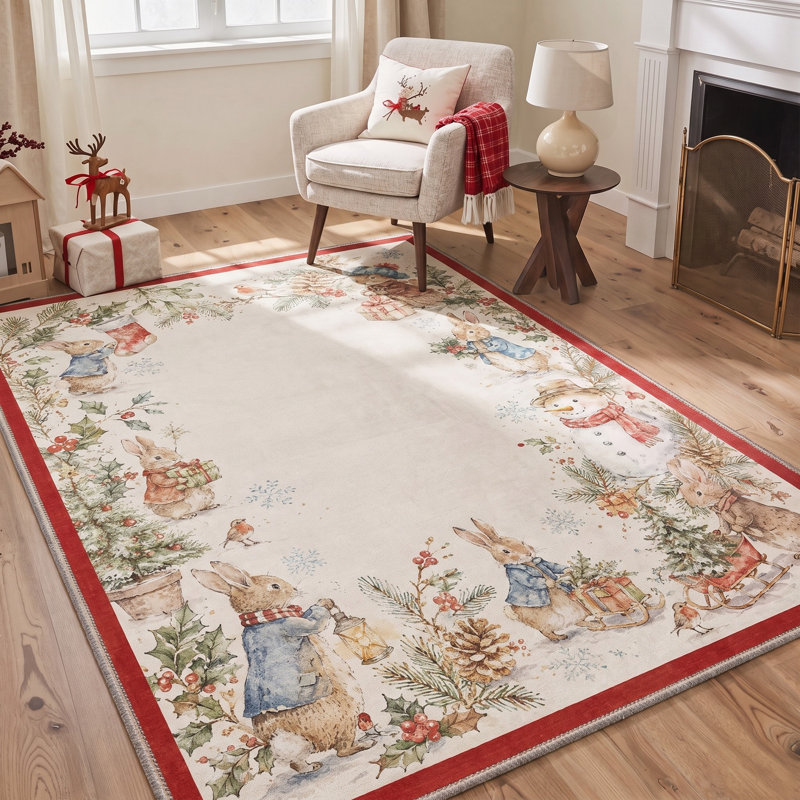 Tapis ivoire / rouge lavable à la machine avec envers antidérapant, Rectangle 6 pi x 9 pi