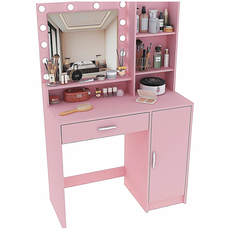 Bureau de coiffeuse avec miroir et lumière, commode de rangement à trois niveaux avec grand tiroir, 3 modes d'éclairage à luminosité réglable, coiffeuse de chambre à coucher (rose)