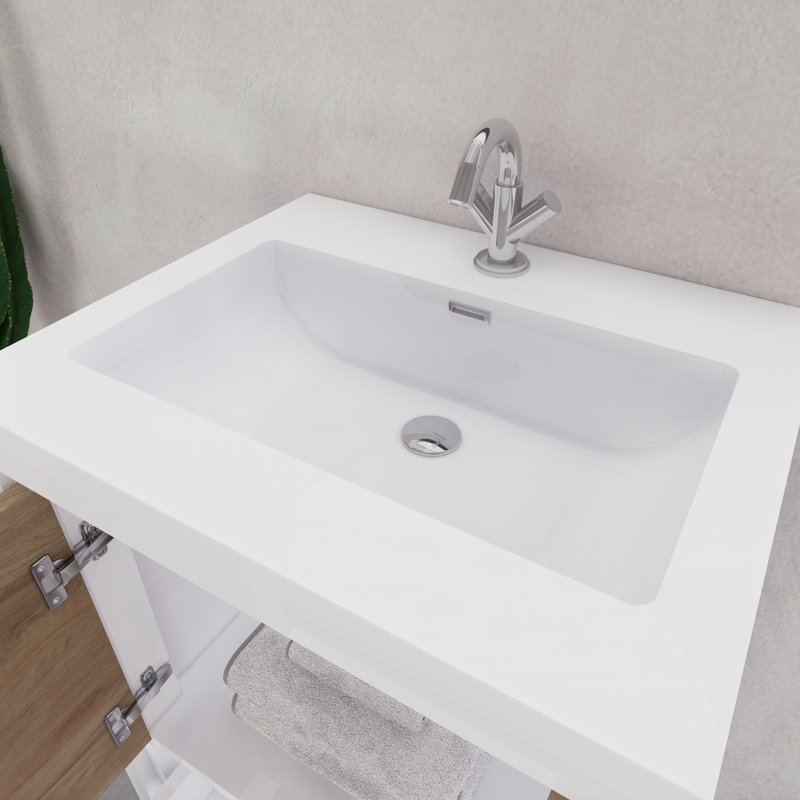 Ensemble de meuble-lavabo simple 23,6 po Eden, Blanc brillant / teck