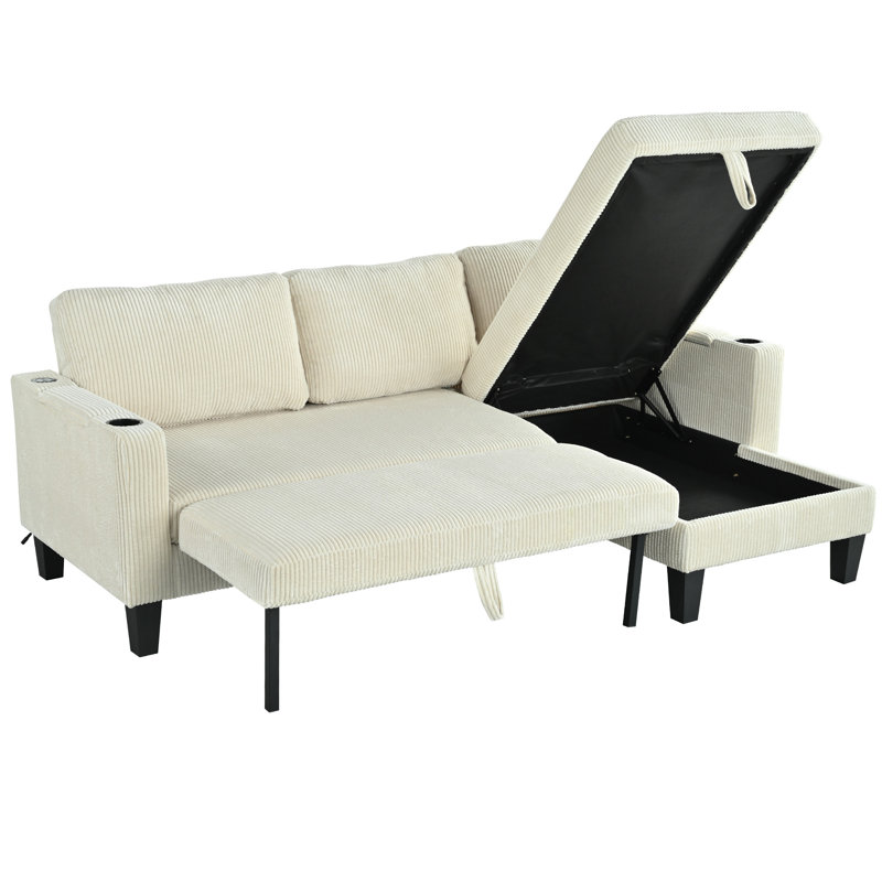 Canapé modulaire réversible avec méridienne de rangement, Velours côtelé beige