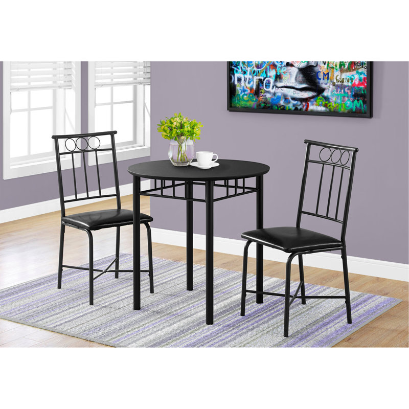 Ensemble de table de salle à manger, ensemble de 3 pièces, petit, rond 30 po, cuisine, métal noir et stratifié, aspect cuir, contemporain, moderne