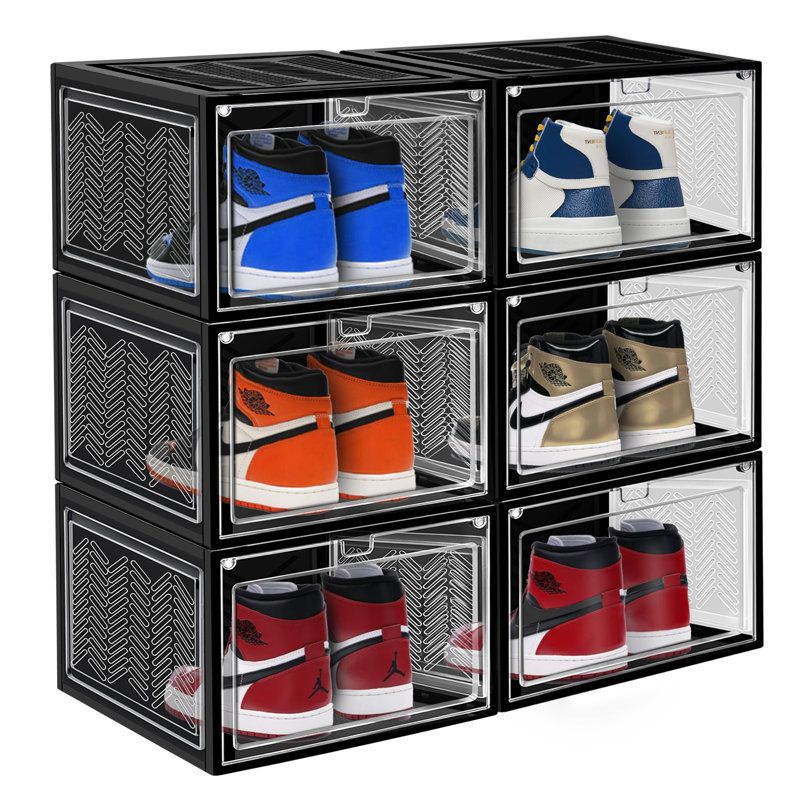 6 Pack Stackable Large Shoe Containers Shoe Storage Box with Hard Plastic Drop Front for Sneakers, Black