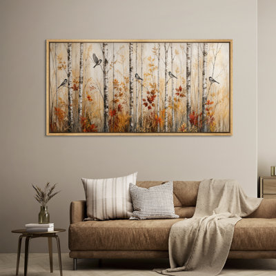 Birch Forest Red Cardinal Birds Winter Woodland Wall Decor - Large Framed Canvas Master Bedroom Wall Art Print