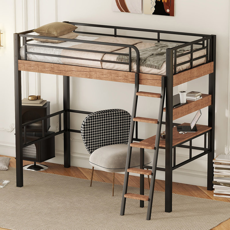 Lit mezzanine en métal avec bureau intégré, Lit simple